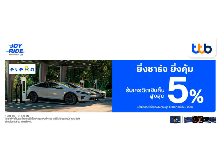 ชาร์จคุ้มกว่าเดิม! รับเครดิตเงินคืนสูงสุด 5%* กับบัตรเครดิต ttb